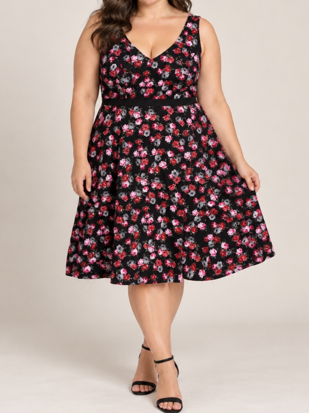 Torrid Rose Floral Sleeveless Fit & Flare V-Neck Dress Boho Black 24